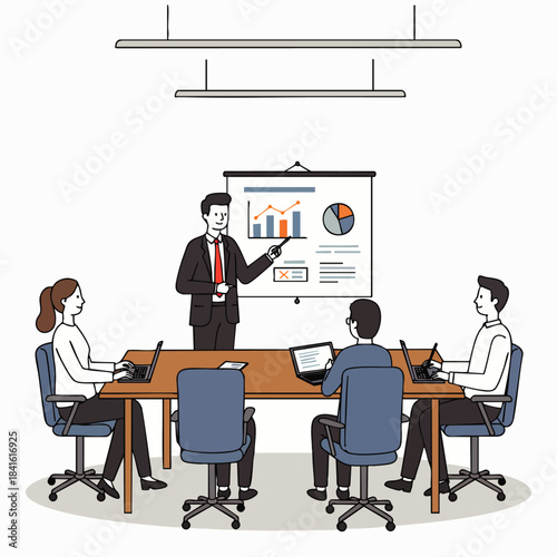 A confident businessman presents a financial report with charts and graphs to his attentive colleagues in a modern office meeting.