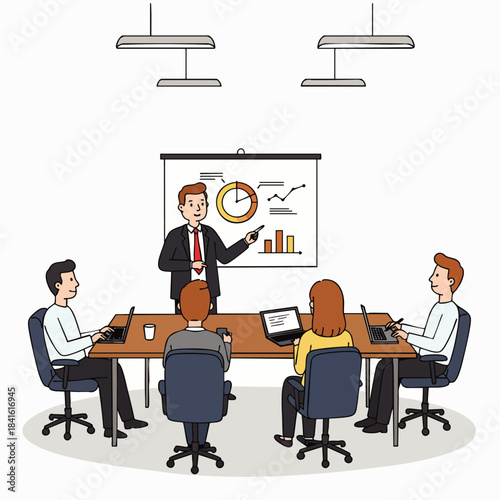 A confident businessman presents a financial report with charts to attentive colleagues in a modern office meeting.