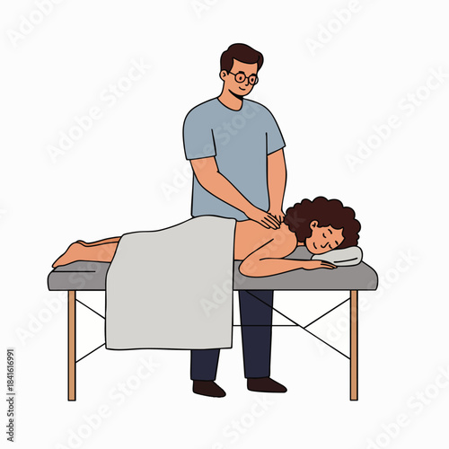 A male therapist gives a relaxing back massage to a woman lying on a massage table, promoting wellness and stress relief.