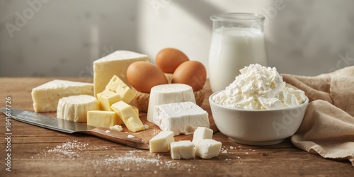 Farmers cheese, tvorog, butter cubes, yogurt and eggs, protein-rich meal for breakfast or cooking, nutrition awareness day