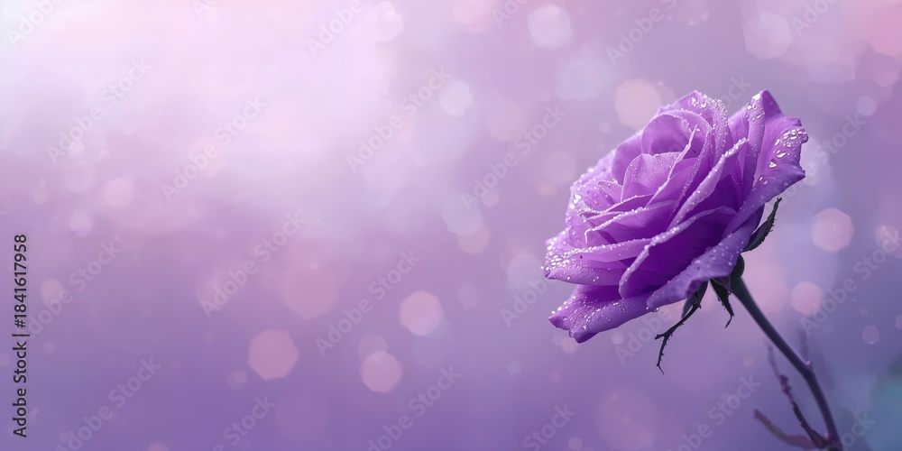 Obraz premium Close-up of a purple wet rose with dew droplets, ideal for nature-themed layout background