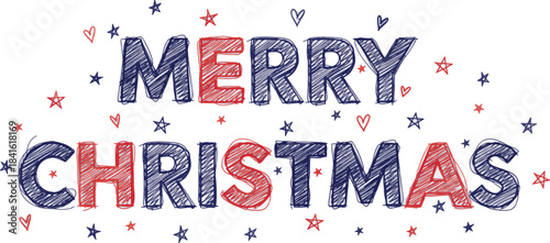 Festive Doodle Style Merry Christmas Greeting Card with Stars and Hearts - Hand-Drawn Holiday Typography