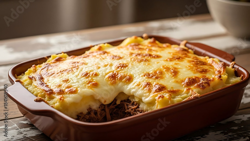 Escondidinho de carne seca photographed in ceramic baking dish with melted cheese top under warm cozy home style lighting
