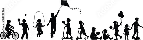 Silhouette children playing outdoors riding bicycles, jumping rope, flying kites, using scooters, holding balloons, and enjoying fun active childhood activities together