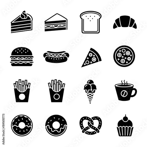 food silhouette editable icon set. Containing cake, sandwitch, bakery food, fast food, and more. Editable stroke. Vector illustration
