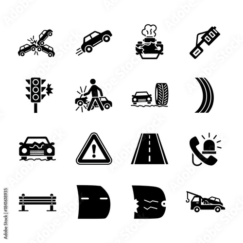 Car accident silhouette Editable Icon set. Editable Fill. Vector illustration