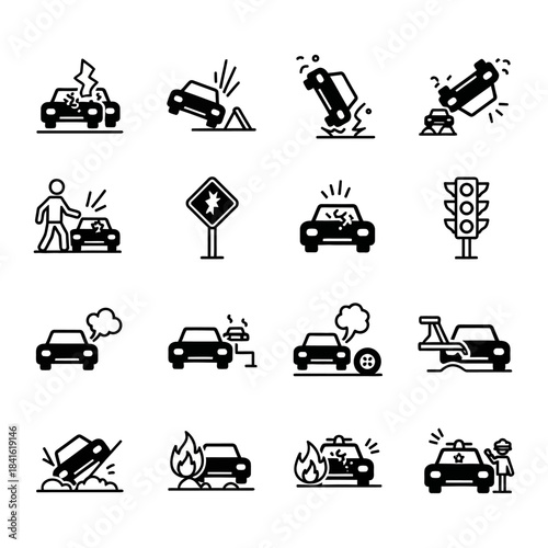 Car accident silhouette Editable Icon set. Editable Fill. Vector illustration