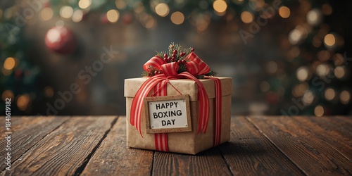 Seasonal gift wrapping featuring red and white ribbon, artificial berries, and a Happy Boxing Day sign for holiday decor