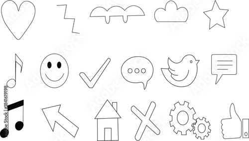 Minimalist black-and-white line icon collection (18 pieces) in transparent PNG format, including arrows, shapes, interface symbols, and basic objects, organized in a tidy grid.