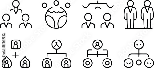 Teamwork and Organizational Structure Icons – Line Style People Management, Leadership, Collaboration, HR, Business Network Vector Set
