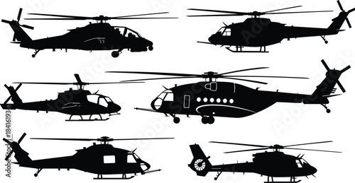 Here is a title and keyword list, tailored for Adobe Stock SEO, for the provided vector illustration of helicopter silhouettes.