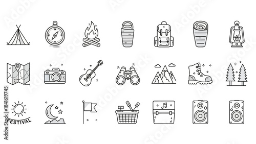 Collection of Hand Drawn Camping and Outdoor Adventure Icons.