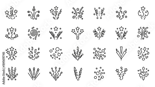 Collection of hand drawn fireworks and celebration burst line art icons.