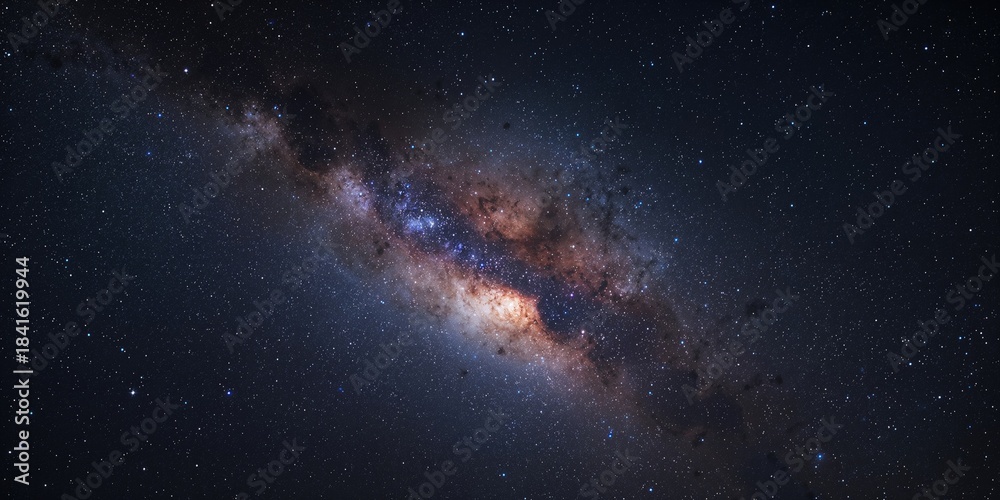 Fototapeta premium Long exposure image of the Milky Way galaxy showing detailed star patterns, ideal for astronomy-themed layouts