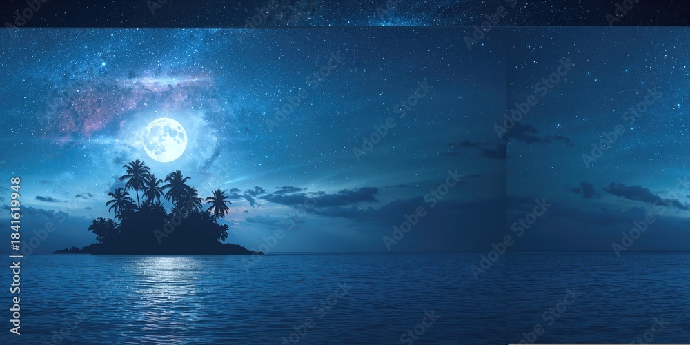 Fototapeta premium Island in the ocean illuminated by a full moon, nocturnal landscape features