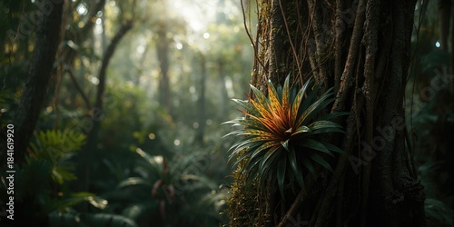 Large jungle tree trunk hosting a bromeliad, highlighting epiphytic plant arrangement, Earth Day