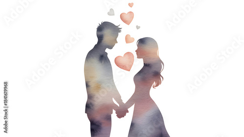 Romantic couple holding hands with floating hearts for love and relationship concept, watercolor silhouette illustration