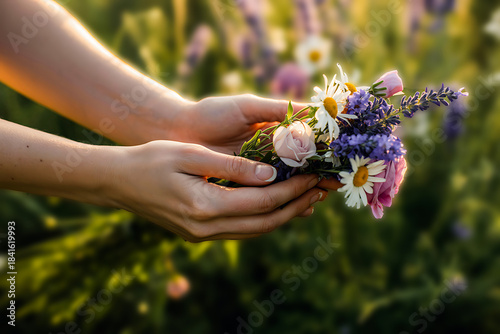 Hands holding small wildflower bouquet for nature and gratitude concept, outdoor sunny scene