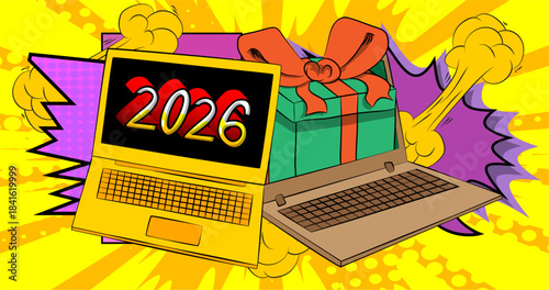 Cartoon Laptop, comic book Notebook with Gift Box and number 2026. Retro vector comics pop art design.