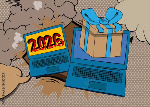 Cartoon Laptop, comic book Notebook with Gift Box and number 2026. Retro vector comics pop art design.