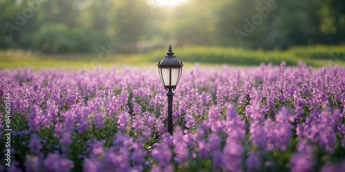An outdoor light fixture nestled among blooming purple flowers, highlighting floral landscape aesthetics