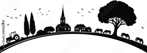 Silhouette countryside landscape with church, houses, tractor, grazing horses, birds and trees on curved hill in rural farming village scene