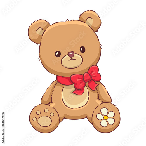 Cute teddy bear hand drawn cartoon toy. Stuffed animal with red bow. Valentines day or Christmas gift. Kawaii vector illustration isolated. Adorable fun love present - teddy bear with bowknot ribbon.