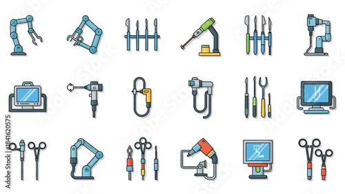 Collection of medical and industrial tools and equipment icons.