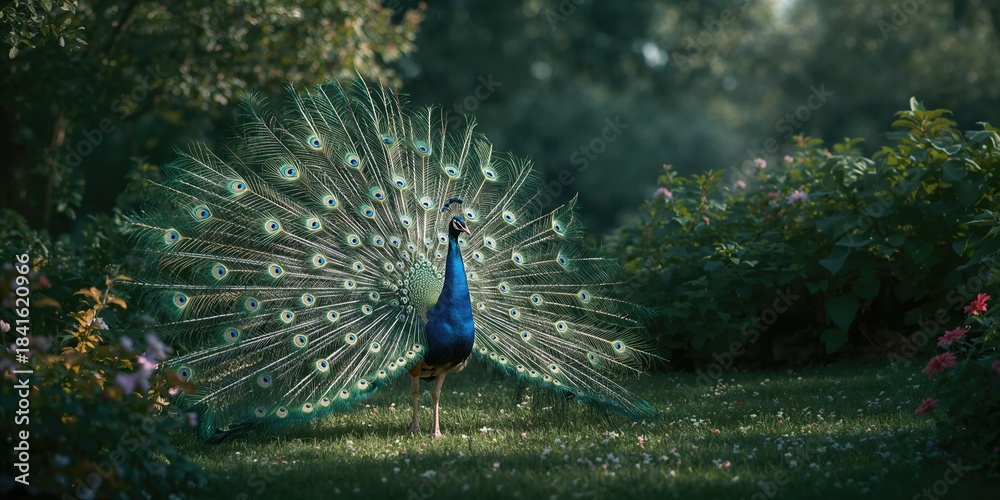 Obraz premium Peacock showcasing iridescent plumage among greenery, highlighting avian beauty for nature lovers