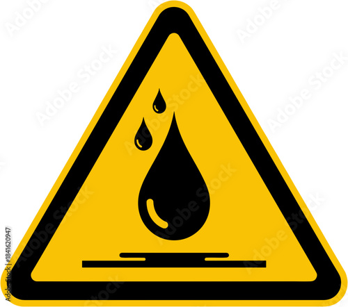 Hazard sign with water droplet symbol on bright yellow background, safety warning concept