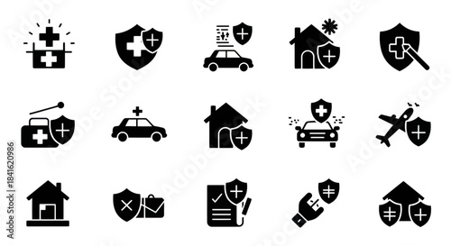 Set of fifteen black solid icons representing various types of insurance coverage