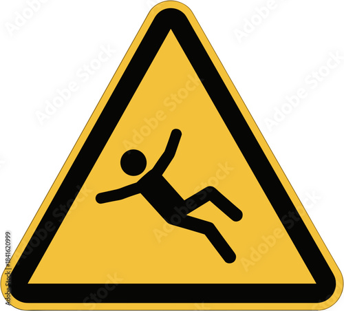 Slip hazard sign with falling person icon on bright yellow background, safety warning concept