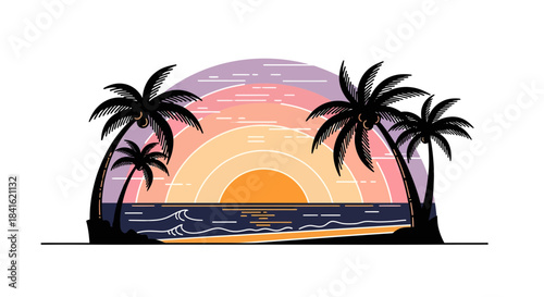 Tropical sunset scene with palm trees and vibrant pastel hues reflecting on the water