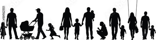 Silhouette families walking, playing, and interacting with children in outdoor setting featuring parents, kids, stroller, and everyday family activities scene