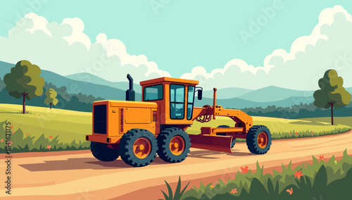 Orange motor grader on rural dirt road in green valley