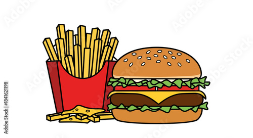 Vibrant fast food cartoon depiction showcasing a burger and fries on a plain background