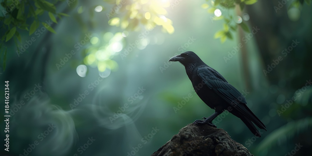 Fototapeta premium Crow resting on a fallen tree in a forest setting, highlighting wildlife habitat and natural perches, nature conservation