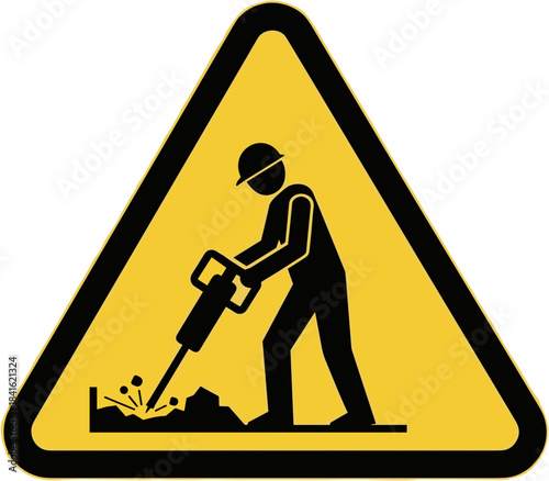 Jackhammer operation hazard warning sign in a triangular shape on a yellow background