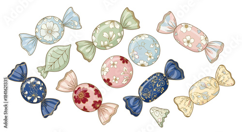 Vintage floral candy assortment, pastel palette with intricate patterns and elegant presentation