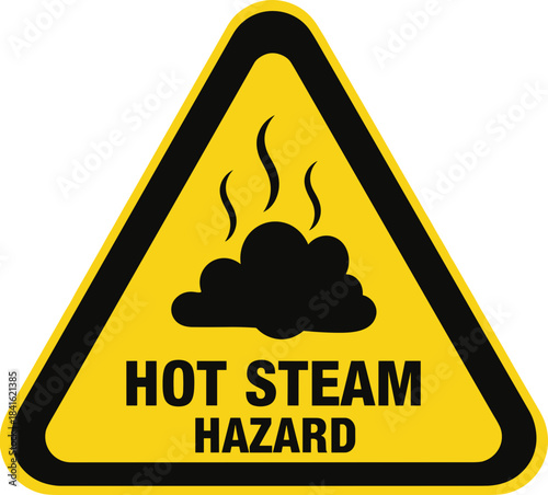 Hot steam hazard warning sign in a triangular shape on a yellow background