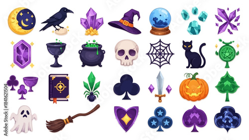 Collection of mystical and magical Halloween themed objects and symbols.