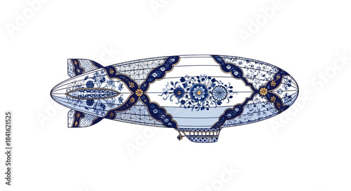 Whimsical Delftware Zephyr A Delightful Airship Adorned with Traditional Delft Patterns