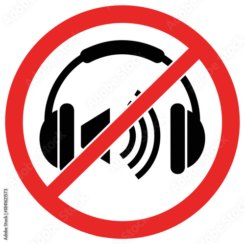 No loud audio devices warning sign with a red circle and slash on a black background