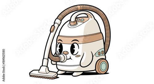 Whimsical vacuum cleaner character with playful expression and vintage design elements