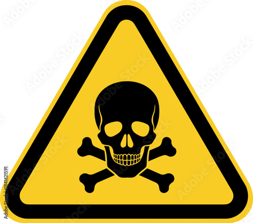 Toxic hazard warning sign with a skull and crossbones in a triangular shape on a yellow background