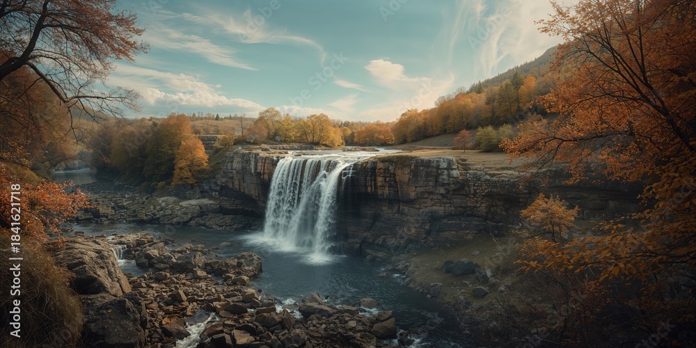 Fototapeta premium Flowing water at Cascada Bursuc in Putna, Romania, emphasizing erosion control and geological stability, such as during seasonal changes