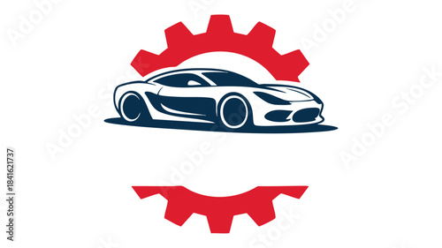 Automotive repair logo design featuring a high performance car and mechanical gears