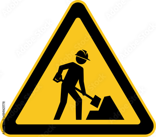 Construction work warning sign in a triangular shape on a yellow background