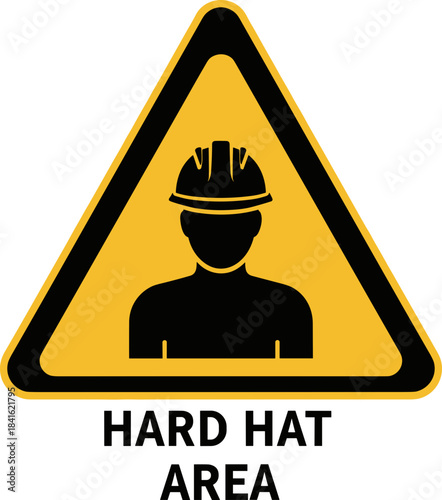 Hard hat area warning sign in a triangular shape with a yellow background