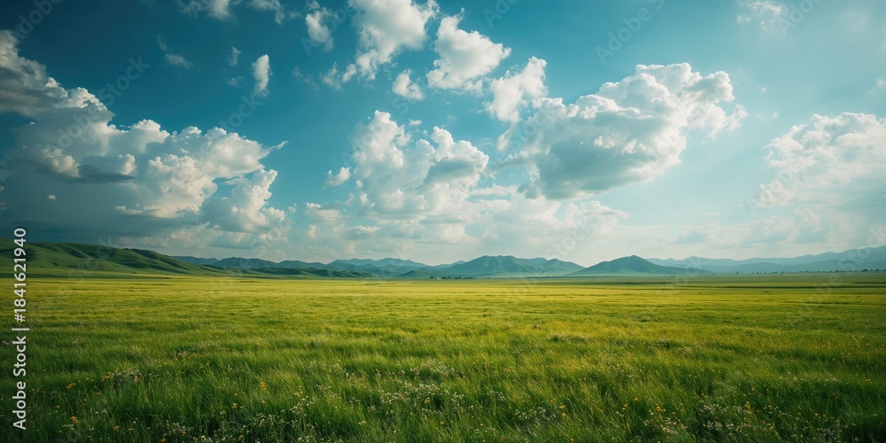 Fototapeta premium Summer grasslands in Xinjiang, showcasing expansive open terrain for environmental preservation